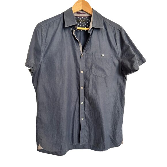 Ted Baker Button Up Size Medium Navy Shirt Short Sleeve EUC Cotton - Picture 6 of 7